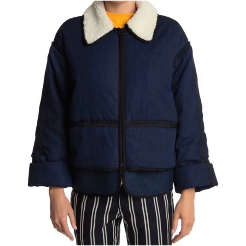 NEW SCOTCH & SODA Padded Denim Bomber Jacket with Faux Shearling Collar